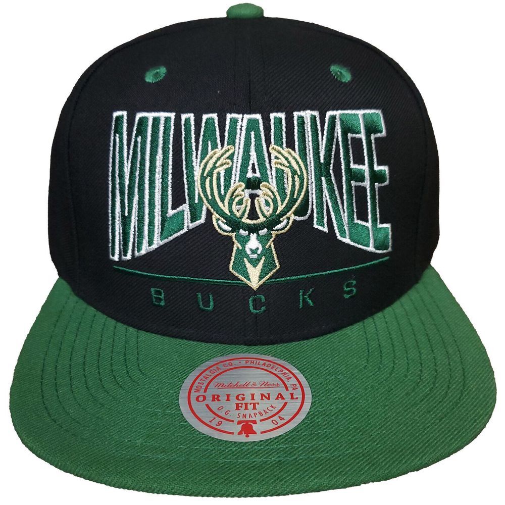 Milwaukee Bucks Mitchell & Ness NBA Snapback Hat Cap Embroidery Black Green NWT